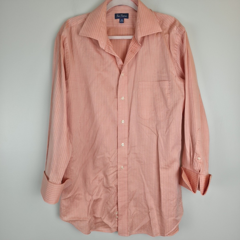 Paul Frederick Cotton‎ Dobby Coral Striped Flip Cuff Button Up 16 1/2-32.C39